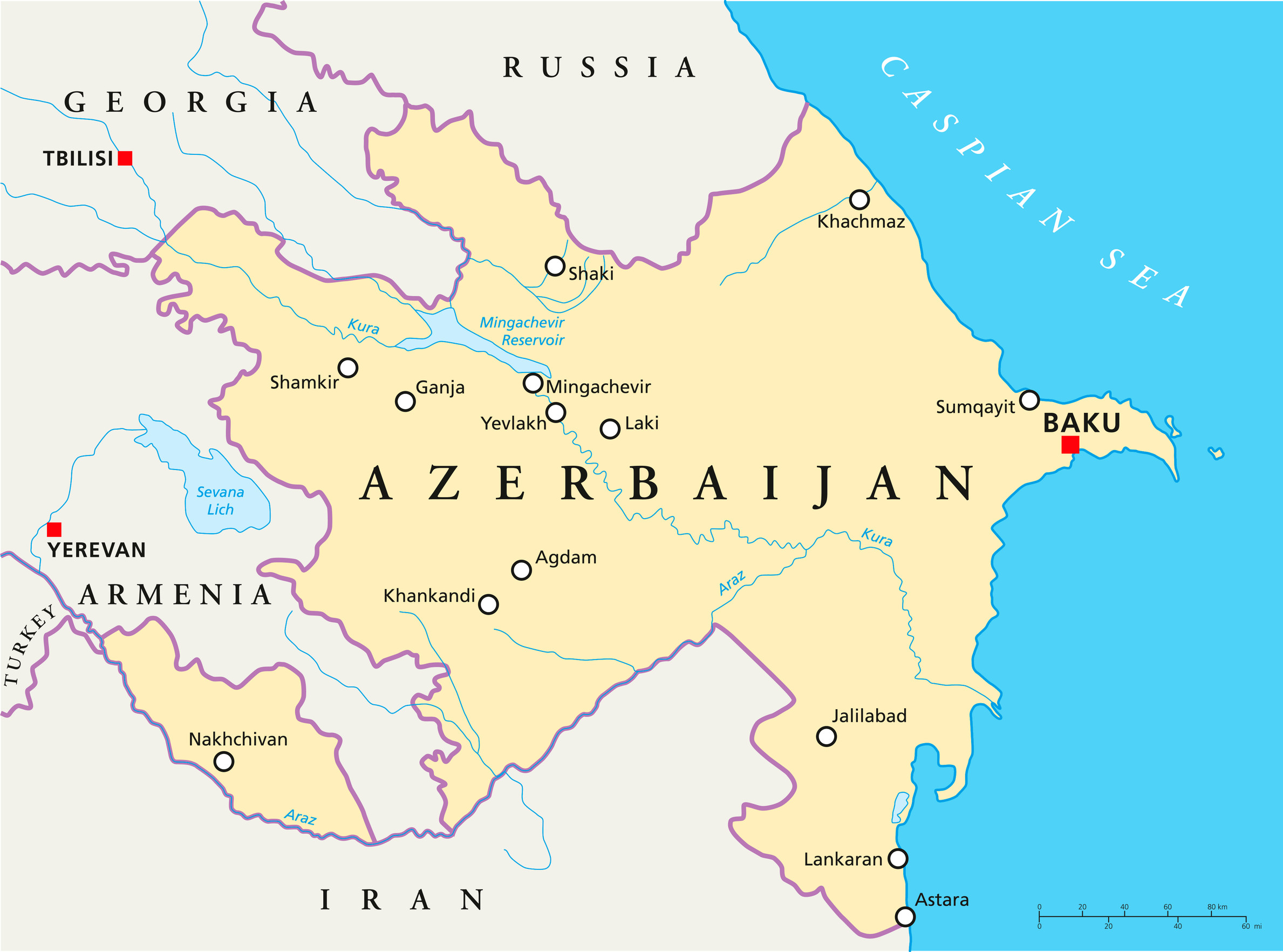 Mappa politica dell'Azerbaigian con la capitale Baku, i confini nazionali e le città più importanti