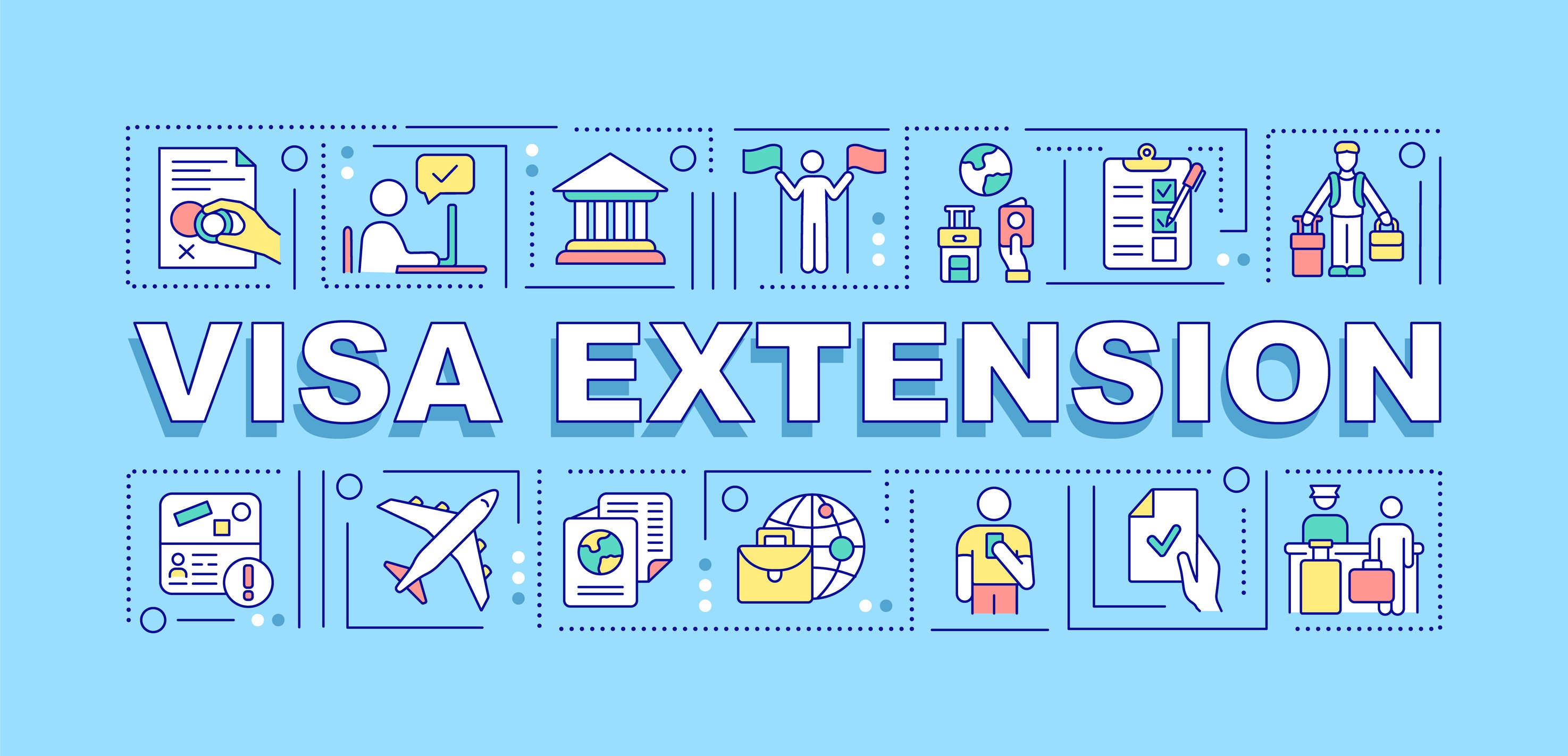 Banner di concetti di parole sull'estensione del visto, approvazione del permesso di ingresso, infografica con testo lineare